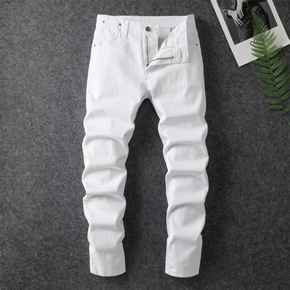 Four season men's fashionable white casual stretch straight leg jeans  comfortable and versatile  tight fitting sports pants