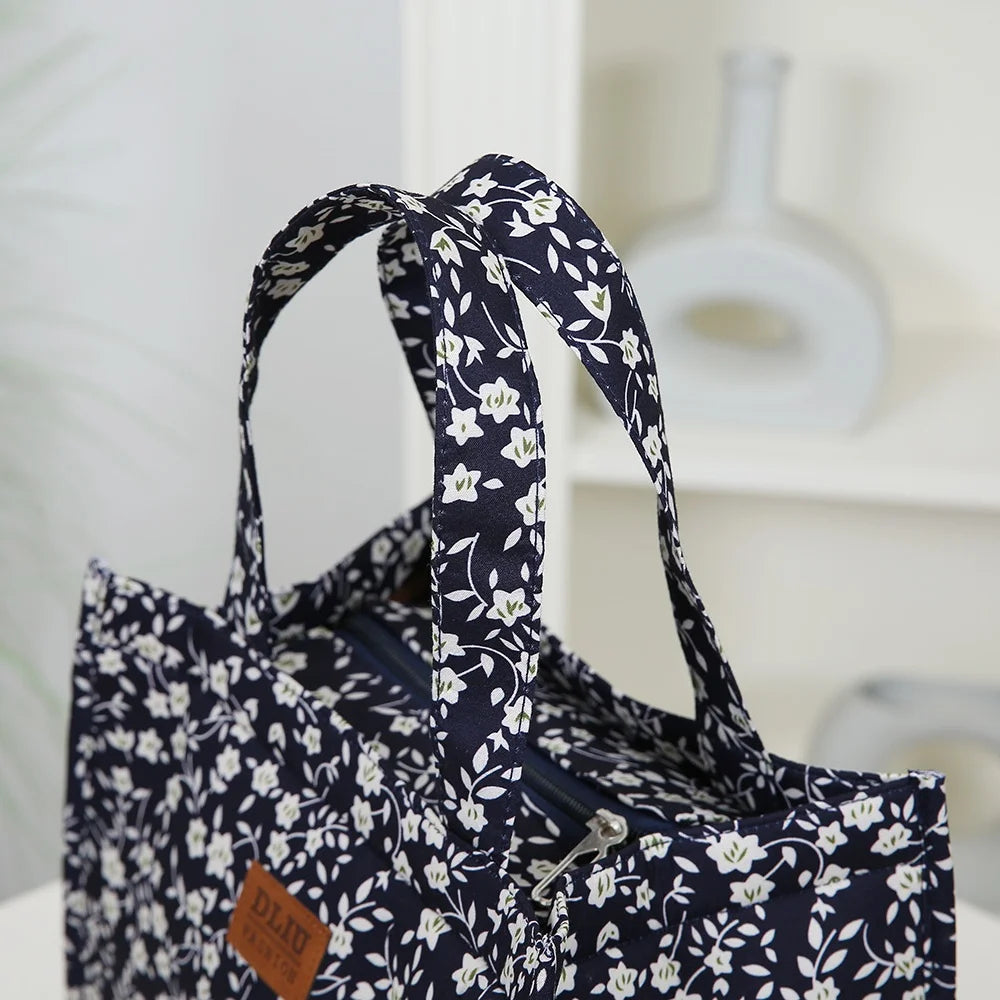 New floral print thickened fabric handbag, lunch bag, portable lunch box storage bag, zipper design, multifunctional tote