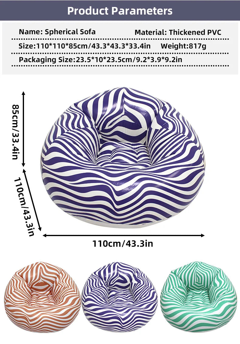 Portable Lazy Sofa Ball Shape Striped Inflatable Sofa for Outdoor Camping Picnic Comfortable Seat Cushion with Carry Bag