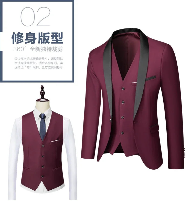 Black White Men Autumn Wedding Party Three Pieces Set Large Size Male Blazer Coat Pants and Vest Fashion Slim Fit Suit