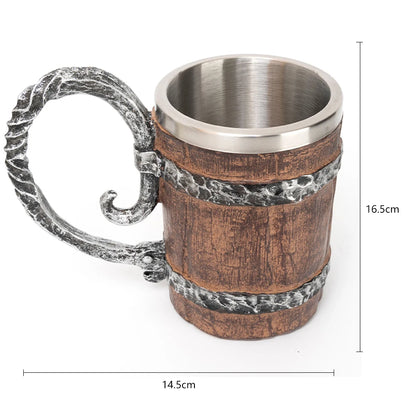 Wooden Barrel Beer Cup Stainless Steel Coffee Mug Viking Style Vintage Beer Mug Double Wall Drinking Cup Halloween Bar Drinkware