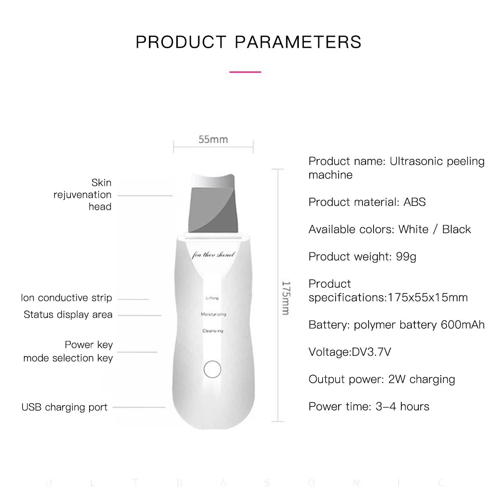 Ultrasonic Skin Scrubber Peeling Blackhead Remover Deep Face Cleaning Acne Pore Cleaner Facial Shovel Cleanser EMS Microcurrent