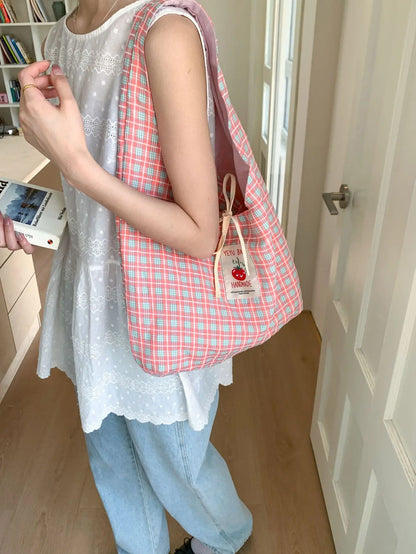 Cartoon Tomato Standard Plaid Vest Bag Large-Capacity Student Class Double-sided Backpack Fashionable Versatile Shoulder Bag