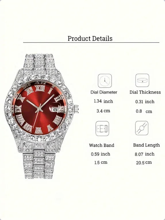Men's Hip Hop Trendy Fashion Large Dial Diamond Inlaid Cuban Chain Watch Set