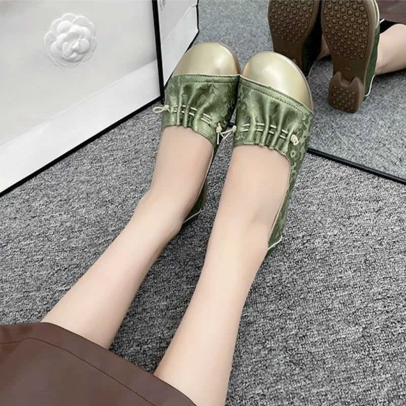 Chinese Style Color Block Slip-on Flats, Low Heel Comfortable Versatile Work Shoes for Women