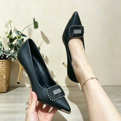 Fashionable High Heels For Women With Light Mouth Square Buckle Rhinestone Slim Heels Single Shoes Pointed Toe High-End Shoes