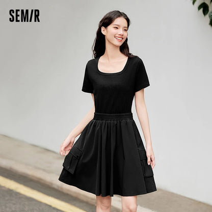 Semir Dress Women Faux Two-Piece Design Versatile 2024 Summer New Square Collar Slim Fit Short Skirt Suitable For Petite