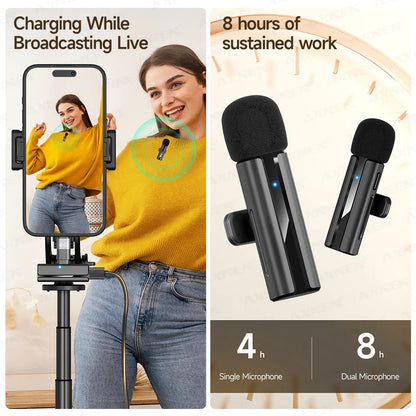 2-in-1 Wireless Lavalier Microphone for iPhone Android, Mini Pro Lapel Mic with Noise Reduction & Pickup for Vlog Live Recording
