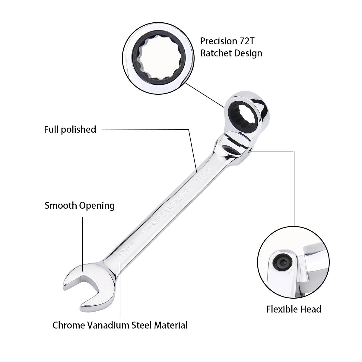 7mm Ratchet Wrench of Keys Spanner Set Hand Tool 72-Tooth Ratcheting Flexible Head Mirror Finish 7mm Auto and Home Repair 1 pcs
