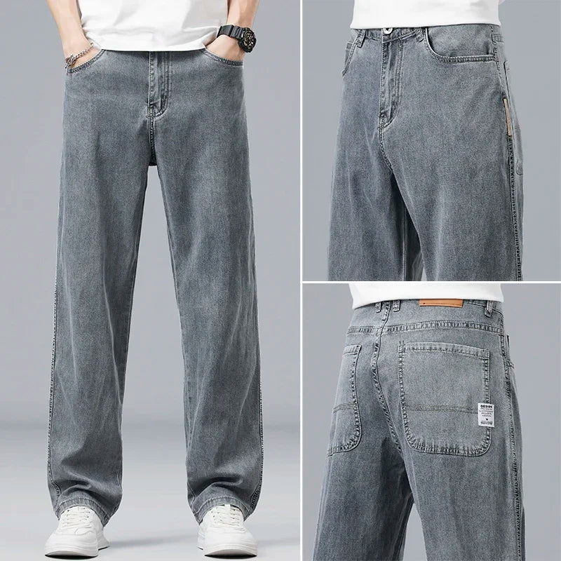 Lyocell Ultra-thin Summer Men's Jeans Elastic Ice Silk Drape Soft Loose Pants Straight Casual Denim Male Clothing Trousers