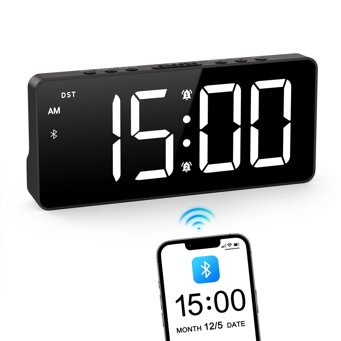 ORIA 7'' LED Alarm Clock with Bluetooth Sync Time Digital Alarm Clock with Dual Alarm & 5 Brightness Levels for Home Office Use