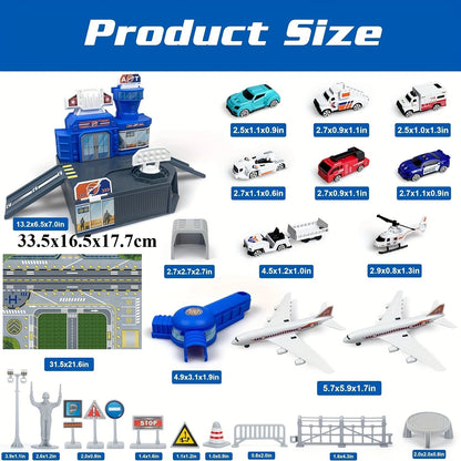 Airplane Toy Set with Trucks Helicopter Planes Signs Airport Playmat Interactive Early Learning Toys Birthday Gift for Boy Girl
