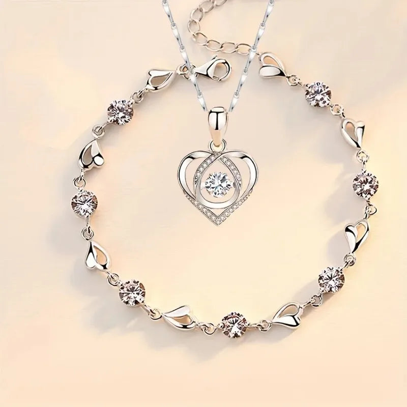 2pcs/set 925 Sterling Silver Heart Bracelet Necklace Jewelry Set for Women Korean Adjustable Charm Bracelet Luxury Party Jewelry