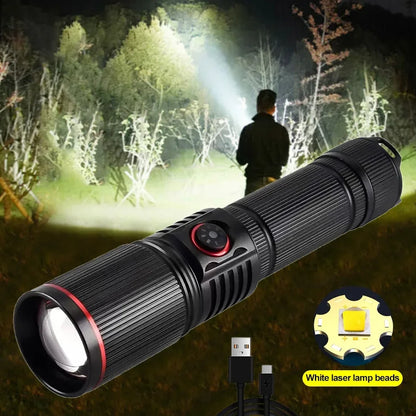 Aluminum Alloy White Laser Powerful LEP Flashlight 18650 or 21700 Battery Zoom Torch Light Lamp with Tail Rope Power Indicator