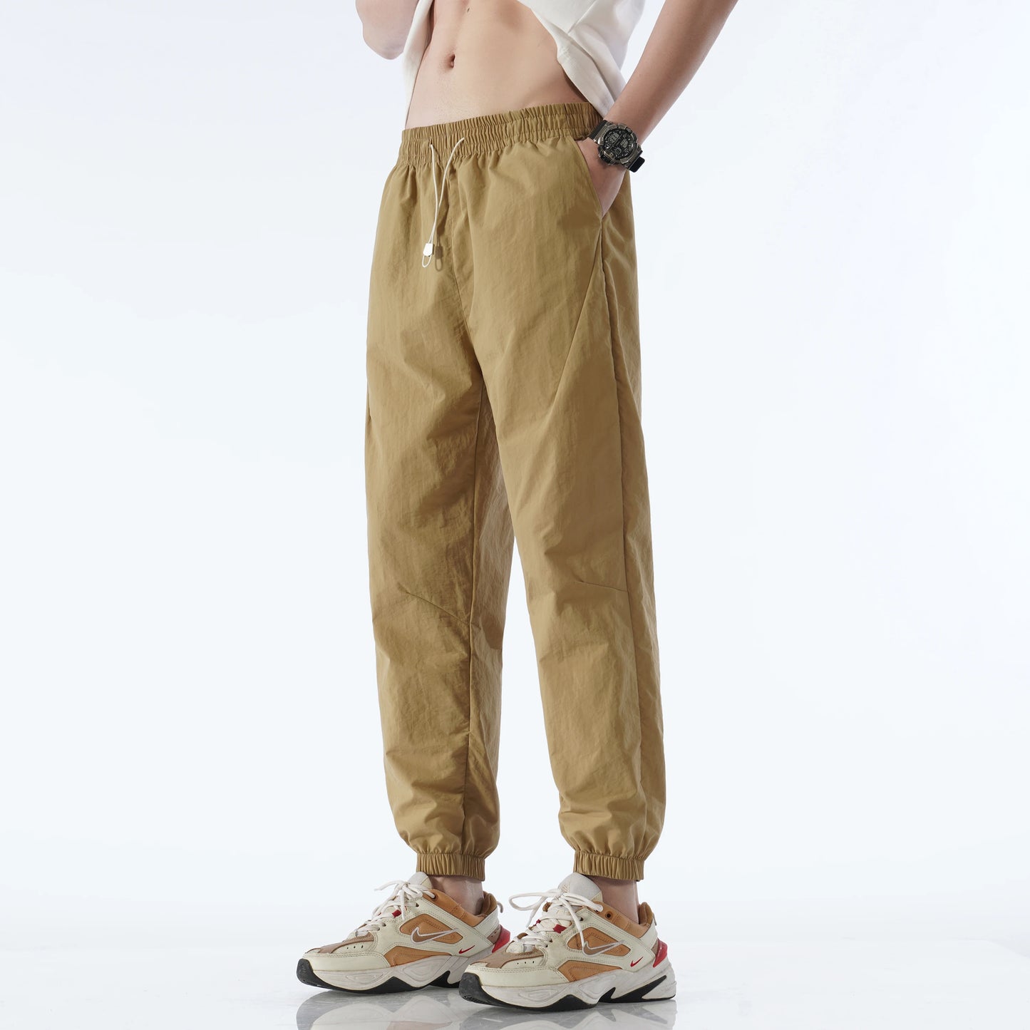 Men's Ice Silk Joggers Pants Fashion Jogger Pants Loose Straight Wide Leg Trousers Vintage Cargo Pants Man Solid Streetwear Men