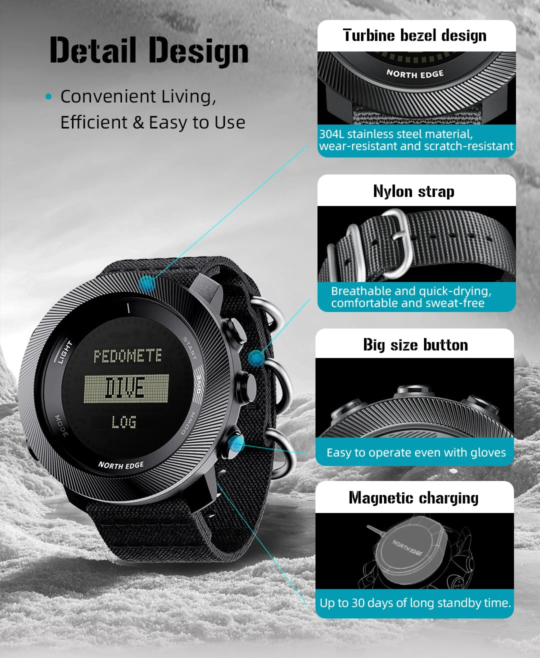 NORTH EDGE 2025 APACHE-D Smart Watch Free Dive Watch Sports Digital Watch Altimeter Barometer Compass World Time Waterproof 100M