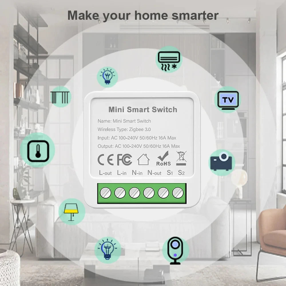 ZigBee or WiFi Smart Switch Module 16A/20A Mini Relay Breaker Smart Home Automation Works with Tuya Alexa Google