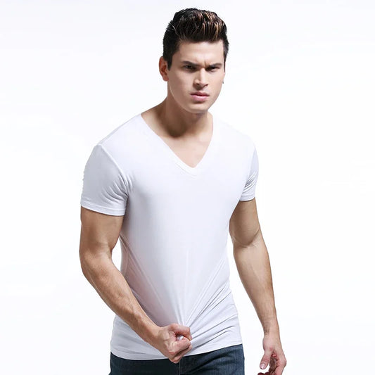 Modal summer round neck tight men's short sleeve V-neck T-shirt solid color vest T-shirt slim-fit sports undershirt