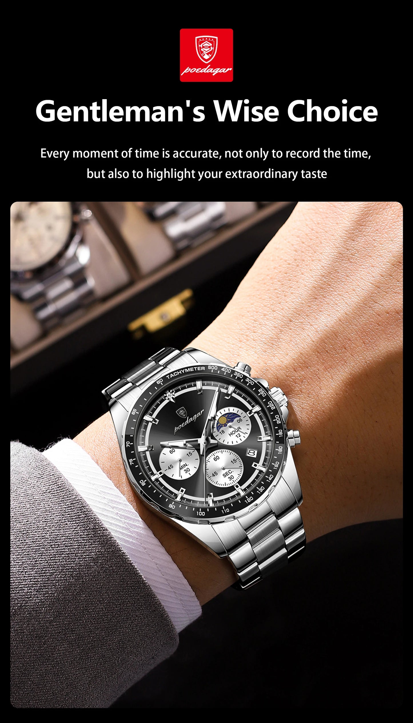 POEDAGAR Top Original Man Wristwatch Waterproof Stainless Steel Luminous Men Clock Chronograph Date Quartz Sports Men's Watches