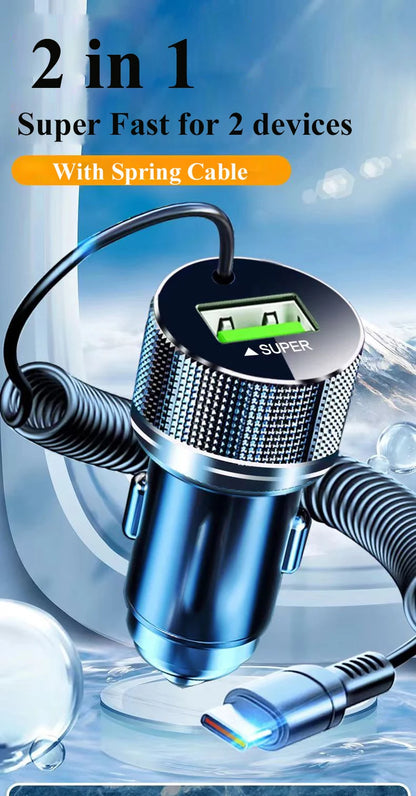 Ładowarka samochodowa EDEBA Metal USB z kablem Type-C 12 V Super szybkie ładowanie, adapter samochodowy 2 w 1 do iPhone'a, Samsunga, Huawei, VIVO, OPPO