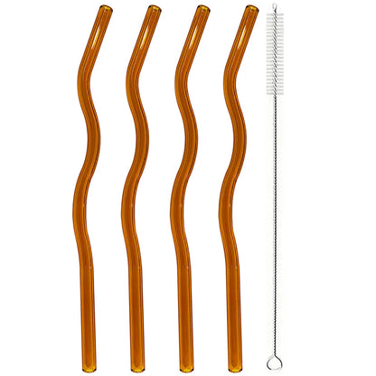 4pcs 200*8mm Glass Straws Wavy Colorful Drinking Straw Set with Brush High Borosilicate Glass Straw Kitchen Party Bar Drinkware