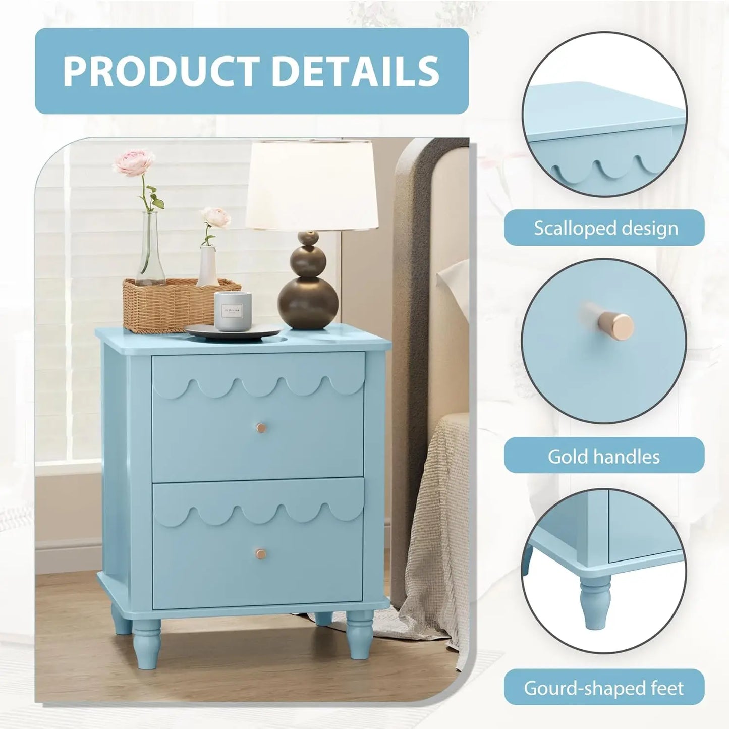 AZ Blue Kids Nightstand,Kids Bedside Table,Night Side Table,2 Drawers Night Stand,Scalloped End Tables Bedroom,Cute Nightstand