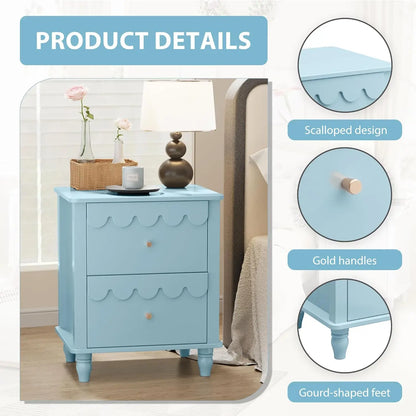 AZ Blue Kids Nightstand,Kids Bedside Table,Night Side Table,2 Drawers Night Stand,Scalloped End Tables Bedroom,Cute Nightstand