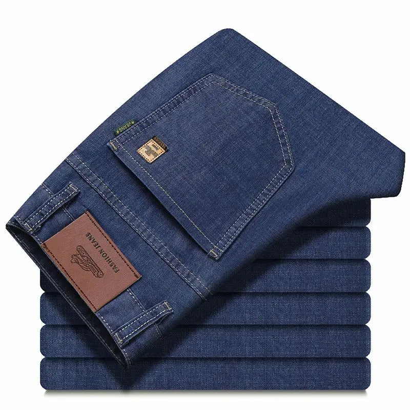 New Thin Denim Jeans Men Straight Leg Stretch Cotton Pants Business Casual Lightweight Denim Trousers Spring Summer Slim Pants
