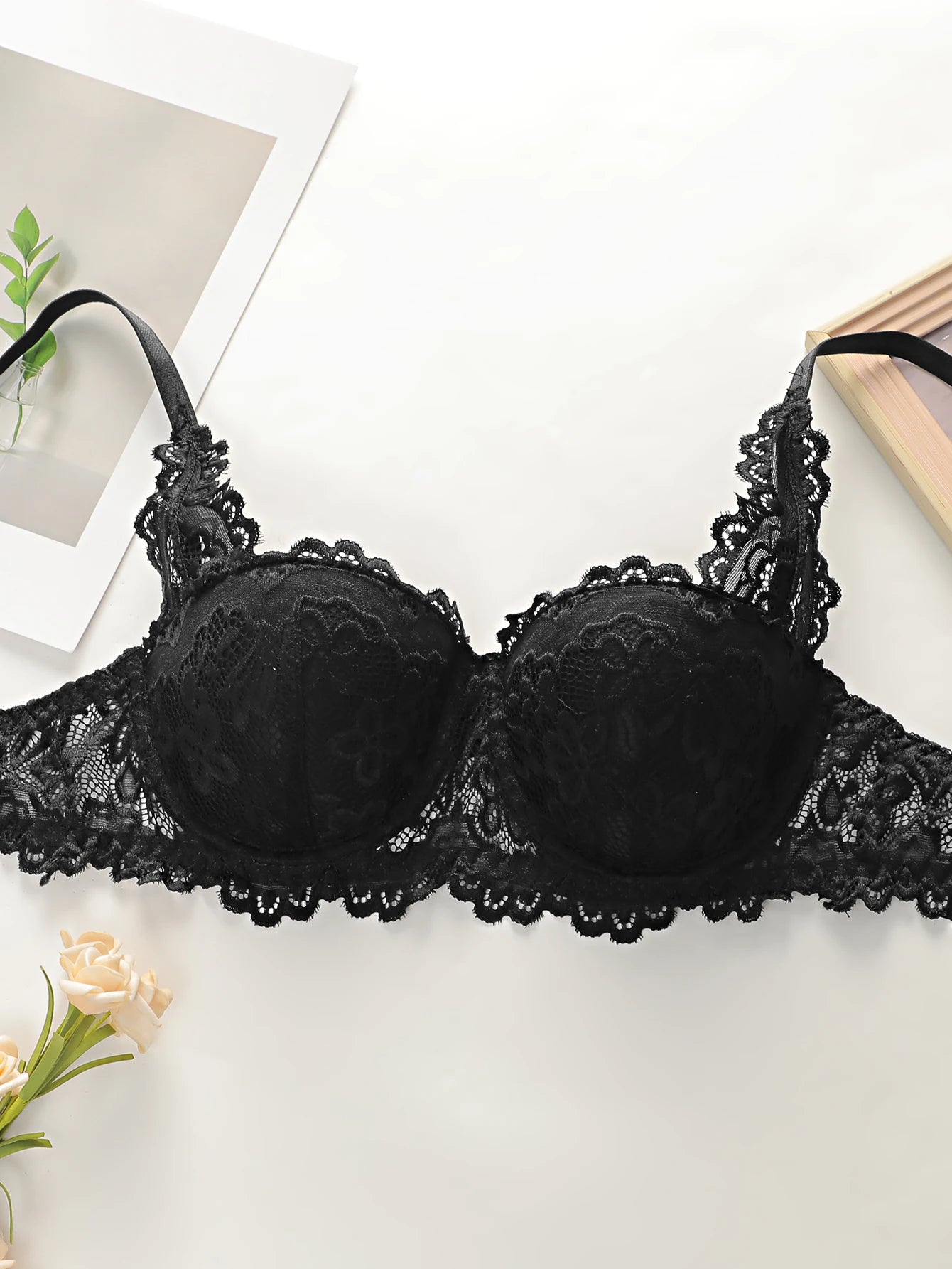 fashion Black bow lace thong set solid color daily 2-piece set sexy underwear set push up bra set B1111