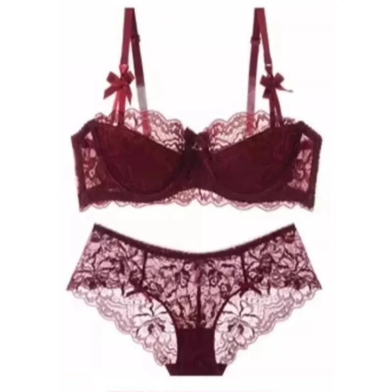 French Pure Passion Bow Shaped Shoulder Strap Lace Sexy Half Cup Push Up Bra Set Women's Thin Lingerie Big Breast Small Cup S-XL