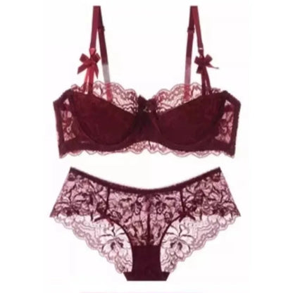 French Pure Passion Bow Shaped Shoulder Strap Lace Sexy Half Cup Push Up Bra Set Women's Thin Lingerie Big Breast Small Cup S-XL
