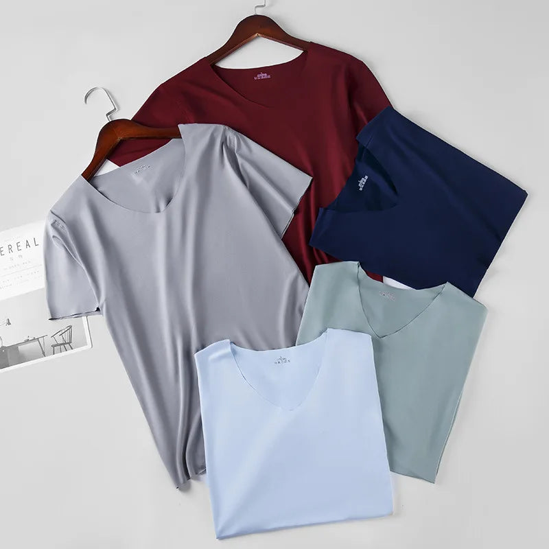 1pcs Men T-shirts Ice Silk Traceless Slim T Shirt For Man Seamless Casual V-neck Short Sleeve Tee Male Summer Thin Clothing Tops
