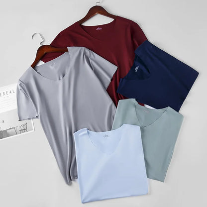 1pcs Men T-shirts Ice Silk Traceless Slim T Shirt For Man Seamless Casual V-neck Short Sleeve Tee Male Summer Thin Clothing Tops
