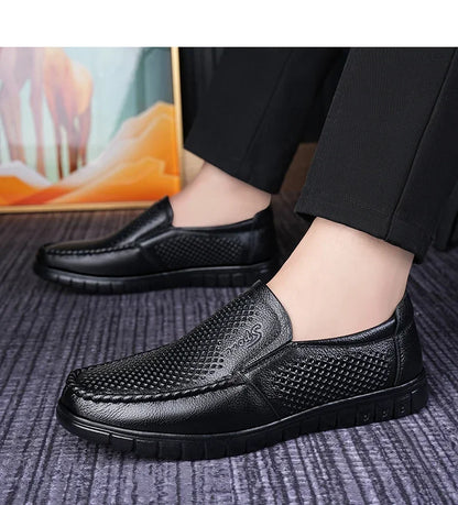 Men's Slip-On Loafers Summer Hollow Out Breathable Casual Shoes Comfortable Soft Sole Anti-Slip Leather Shoes-8822