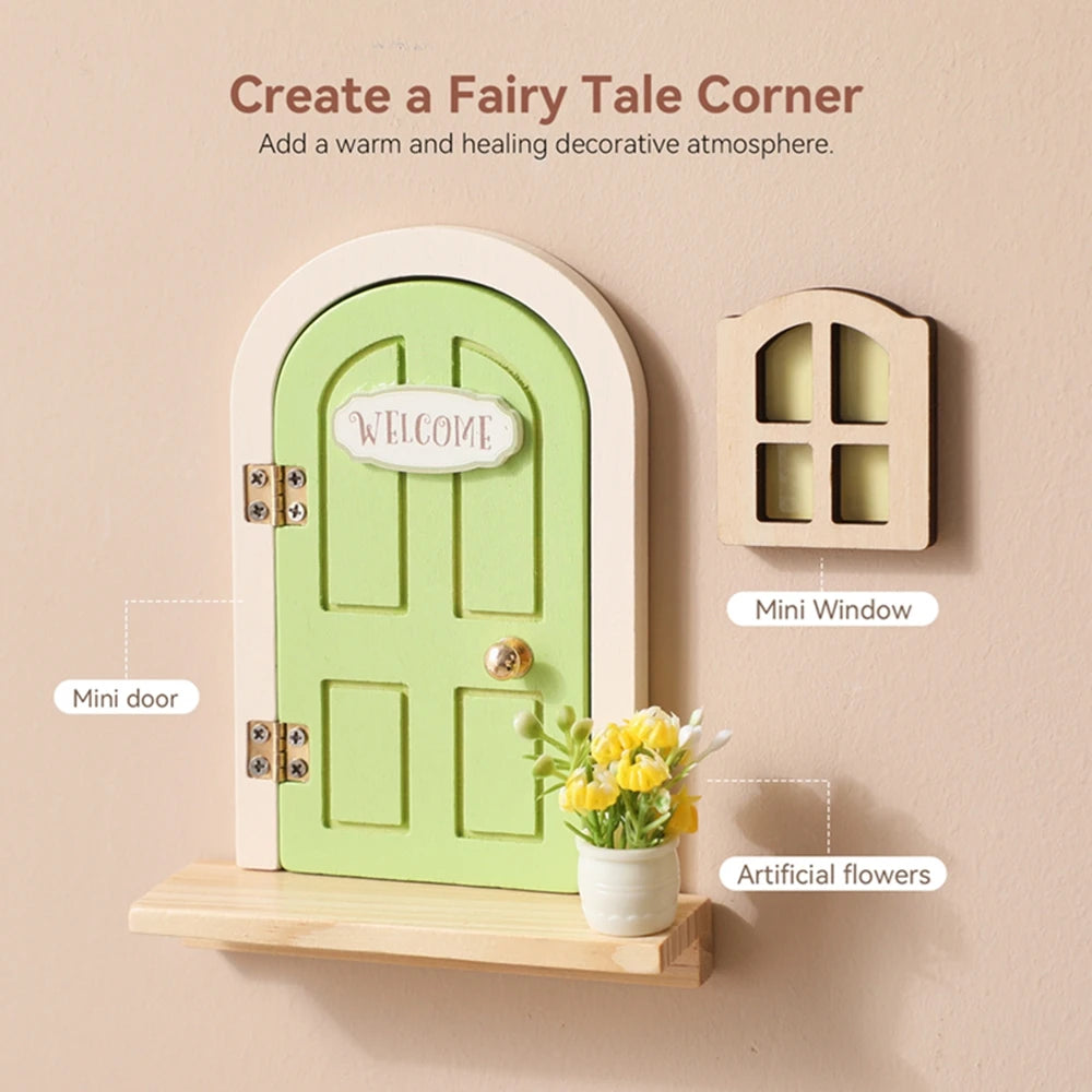 Wooden Elf Door Set Cartoon Room Decor Dollhouse Character Stickers Fairytale-Style Balcony Decor Hanging Ornaments Gift