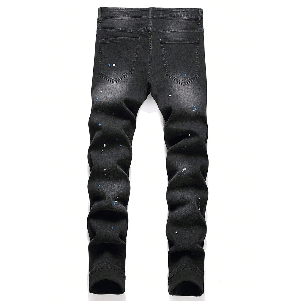 Men's Y2K Fashion Ripped Patchwork Hole Straight Black Jeans Slim Fit Stretchy Skinny Denim Pants Casual Hip Hop Brand Trousers