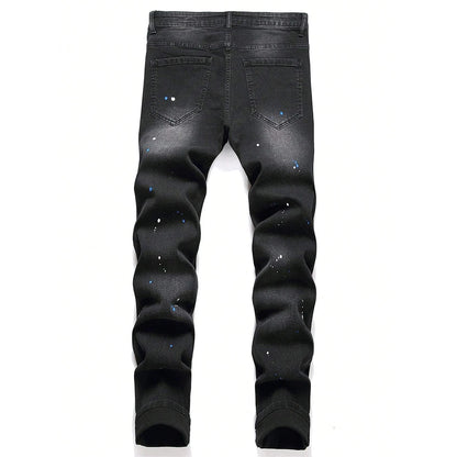 Men's Y2K Fashion Ripped Patchwork Hole Straight Black Jeans Slim Fit Stretchy Skinny Denim Pants Casual Hip Hop Brand Trousers