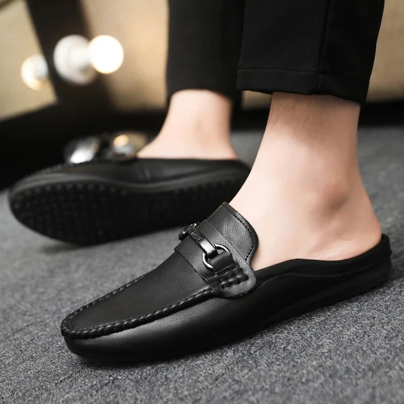 Summer Half Shoes For Men Comfortable Leather Casual Shoes Soft Flat Men's Loafers Lightweight Slip-on Shoes Man Daily Slippers
