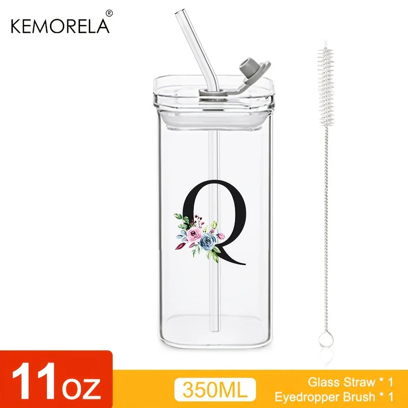 1PCS 24 Letter-Shaped Glass Tumblers with Lid And Straw Coffee Tumbler 300ML Clear Square Drinking Tumbler For Coffee Beer Milk