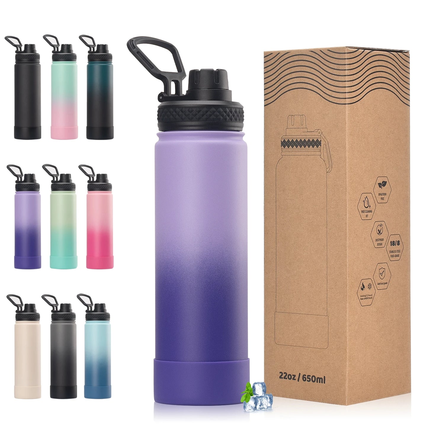 WATERSY 650ml Double Wall Thermal Bottle Stainless Steel Insulated Bottle with Handle Sports Water Bottle Vacuum Flask Keep Cold