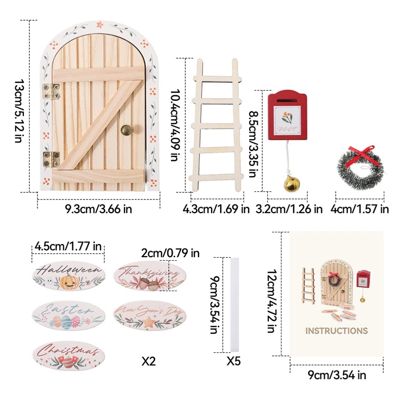 Wooden Elf Door Set Cartoon Room Decor Dollhouse Character Stickers Fairytale-Style Balcony Decor Hanging Ornaments Gift