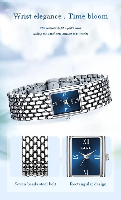 LIGE New Design Ladies Watch Fashion Quartz Wristwatch Silver Simple Square Women Watches Luxury Stainless Steel Folding Clock