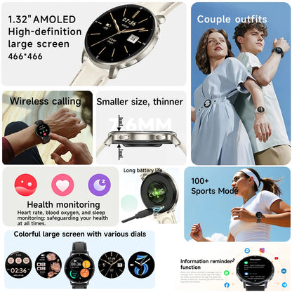 2026 New 7.6mm Ultra-Slim Smart Watch Women AMOLED HD Display LED Flashlight Always-On Time Display Fashion Ladies Smartwatches