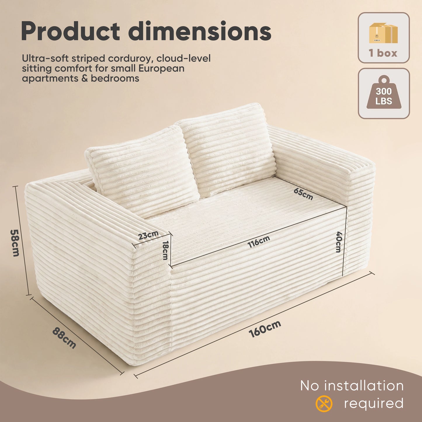Boneless deep seat loveseat no assembly required foam base sofa plush corduroy fabric modern living room sofa for bedroom office