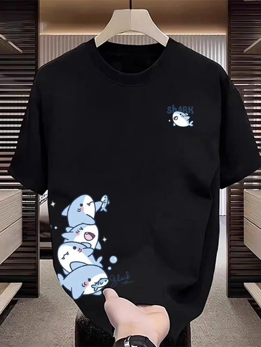 Creative Shark Printed T-shirt Men's 2026 Summer 100% Cotton Loose Breathable Top Outdoor Fashion Men's Wear