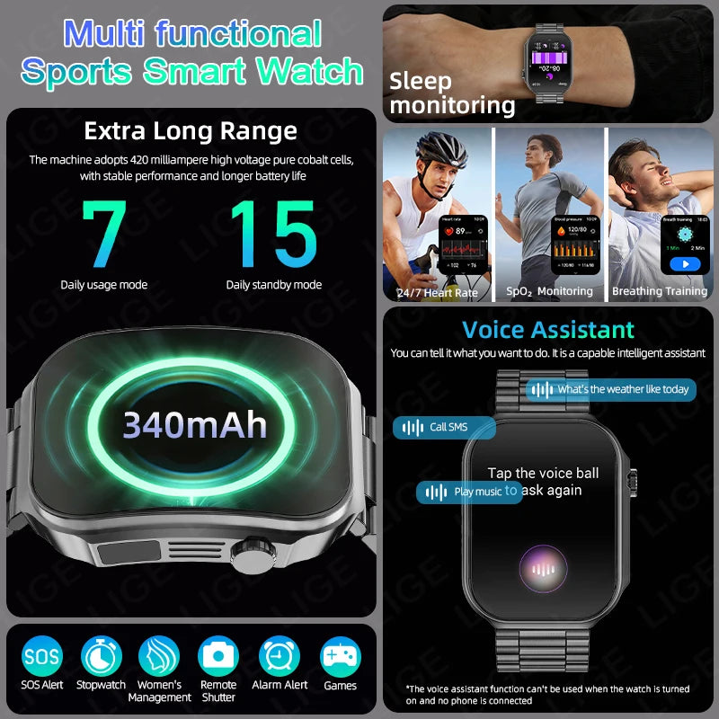 LIGE Nowy smartwatch z zakrzywionym ekranem 3D o przekątnej 2,2 cala z podświetleniem LED, termometrem, monitorem zdrowia, połączeniami BT i funkcjami sportowo-fitnessowymi