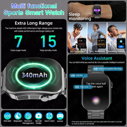 LIGE Nowy smartwatch z zakrzywionym ekranem 3D o przekątnej 2,2 cala z podświetleniem LED, termometrem, monitorem zdrowia, połączeniami BT i funkcjami sportowo-fitnessowymi