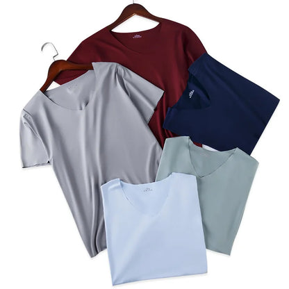 M-5XL Men's Ice Silk T-Shirt V-neck Quick Dry Seamless Short Sleeve Shirt Summer Male Casual Thin Solid Color Tees Undershirt