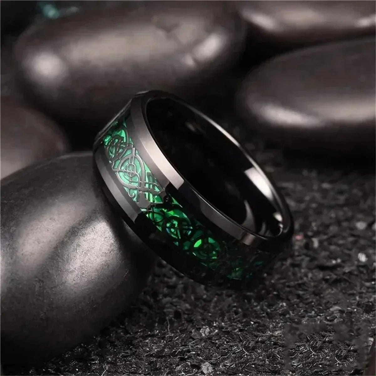 30 Colors Fashion 8MM Men Stainless Steel Celtic Dragon Rings Inlay Carbon Fiber Rings For Men Women Wedding Party Jewelry Gifts