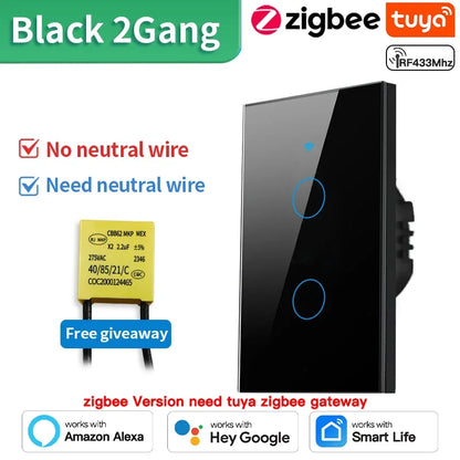 TNCE Tuya WiFi/Zigbee Smart Switche Neutral Wire/No Neutral Wire Required 1/2/3/4 Gang Touch Switch Work With Alexa Google Home